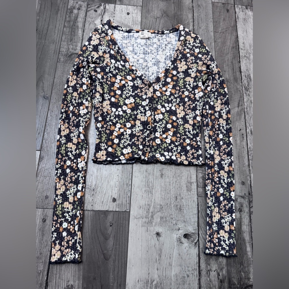 Billabong Black Floral Ribbed Button-Front Long Sleeve Crop Top XS